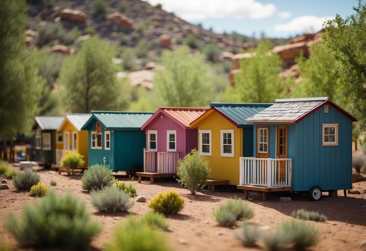 A row of colorful tiny homes nestled among lush greenery in a tranquil community in Prescott, Arizona
