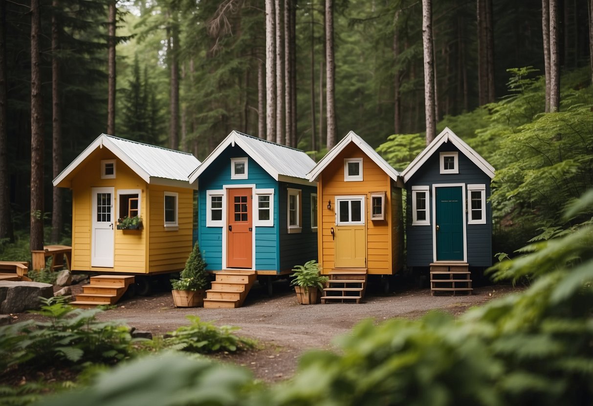 A cluster of colorful tiny homes nestled in a lush Quebec forest, with winding pathways and communal spaces