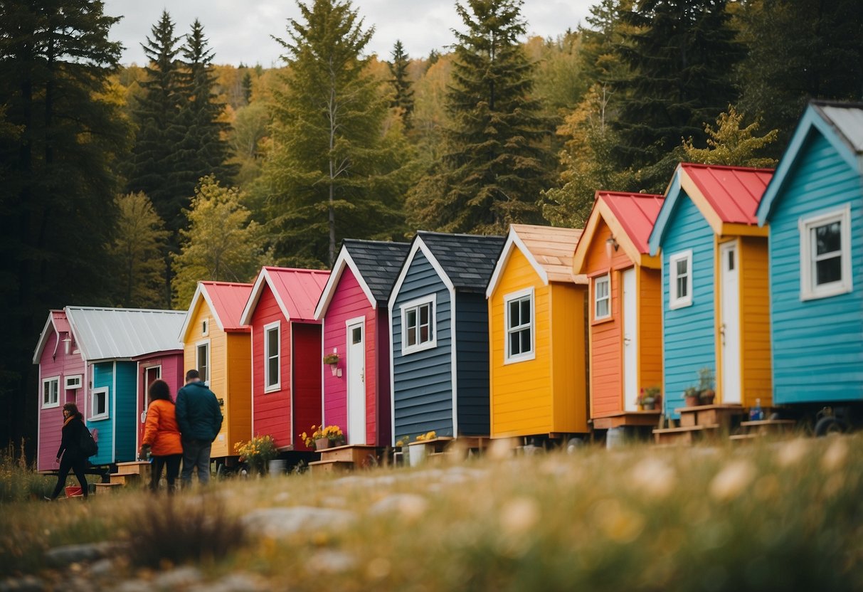 People walking among colorful tiny homes in Quebec's community