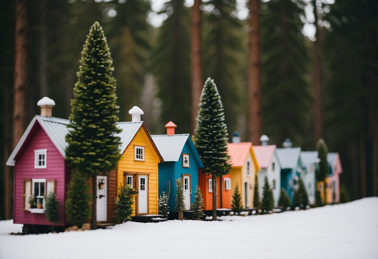 A row of colorful tiny homes nestled among towering pine trees in a quaint Quebec community
