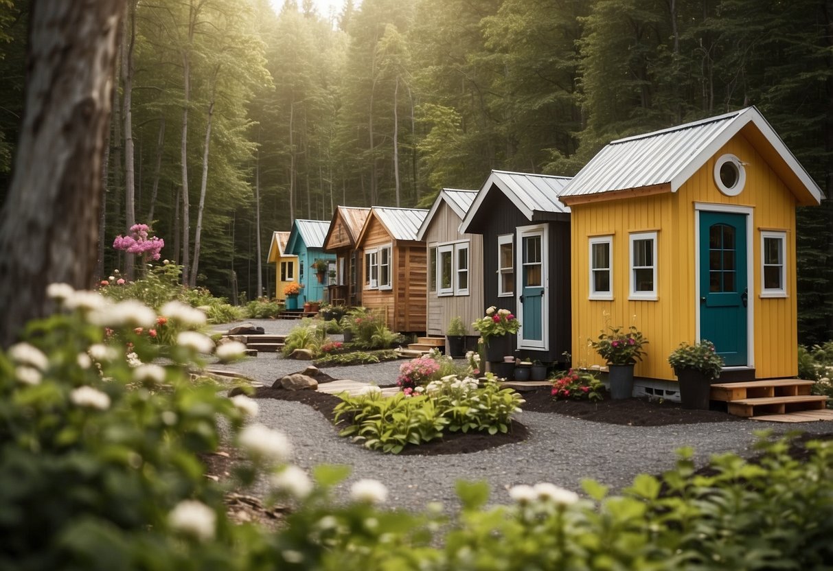 A group of tiny homes nestled in a tranquil Quebec community, surrounded by lush greenery and vibrant flowers. The homes are arranged in a cozy and inviting manner, with small pathways connecting them