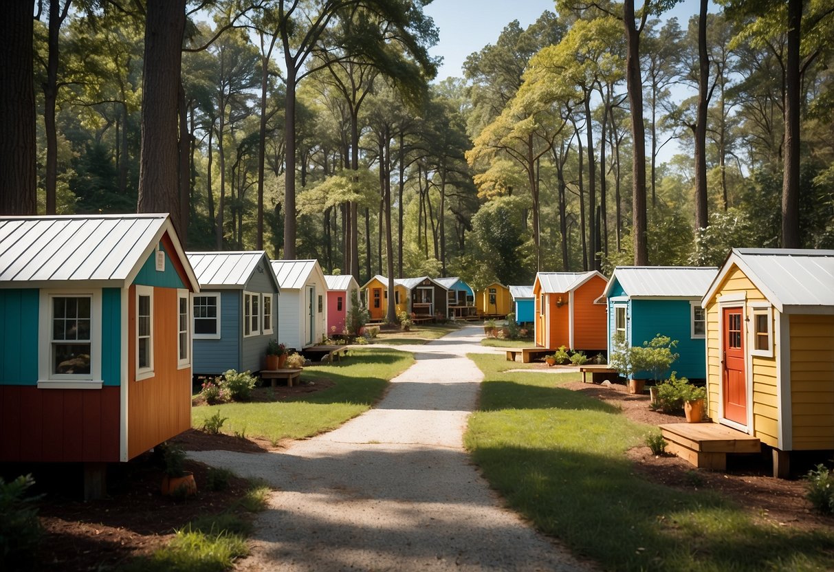 A cluster of colorful tiny homes nestled among trees in a peaceful Raleigh, NC community