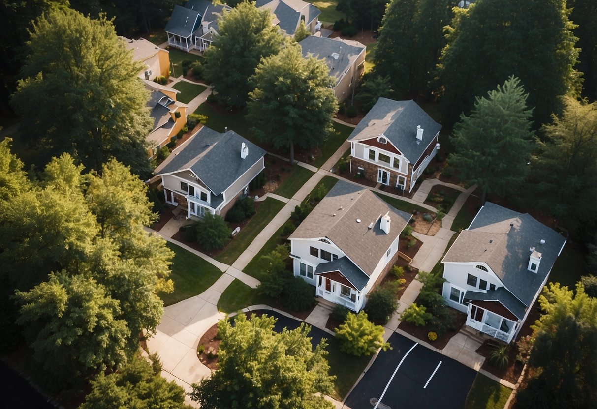 Aerial view of clustered tiny homes in Raleigh, NC. Trees and green spaces surround the community, with small pathways connecting the homes