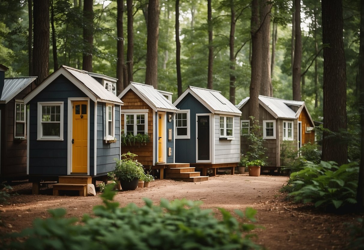 A group of tiny homes nestled in a lush, wooded community in Raleigh, NC. Each home is uniquely designed and surrounded by greenery, creating a cozy and sustainable living environment