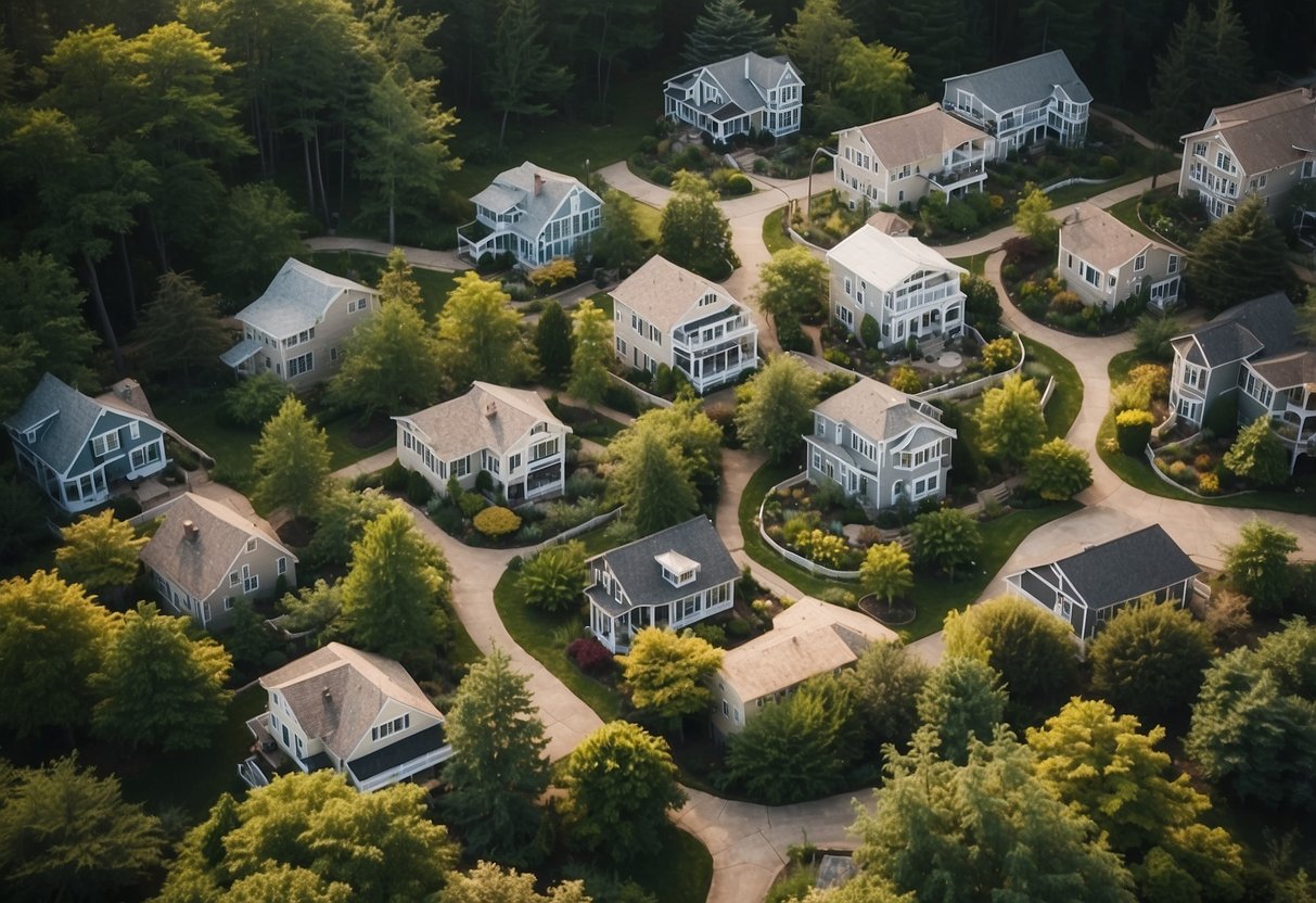 Aerial view of Rhode Island tiny home communities nestled among lush greenery and winding pathways