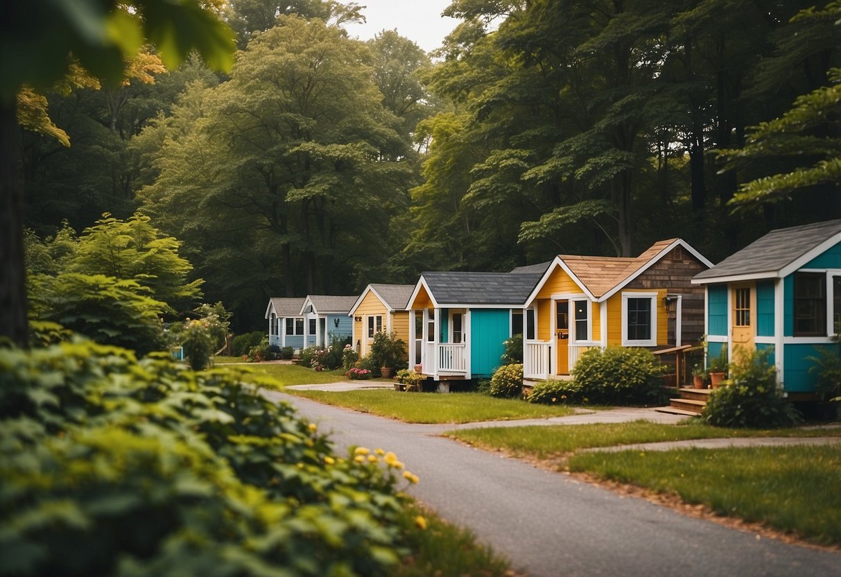 A cluster of colorful tiny homes nestled among lush green trees in a serene Rhode Island community