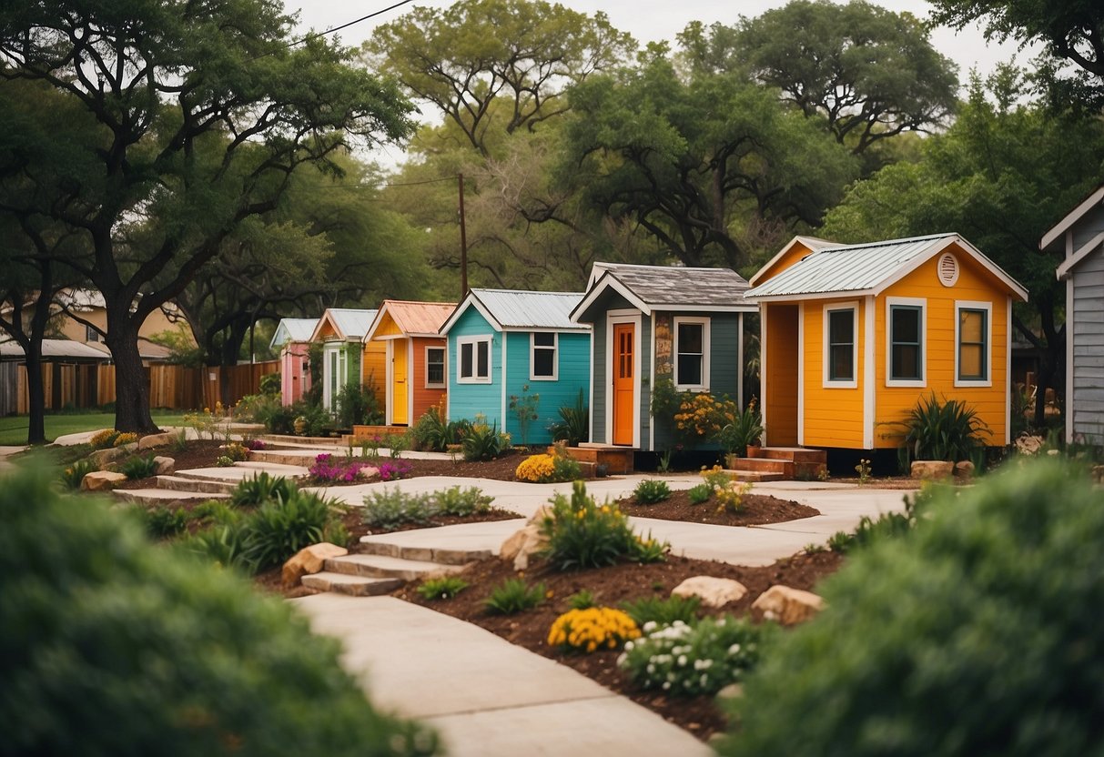 A cluster of colorful tiny homes nestled among lush greenery in a San Antonio, Texas community