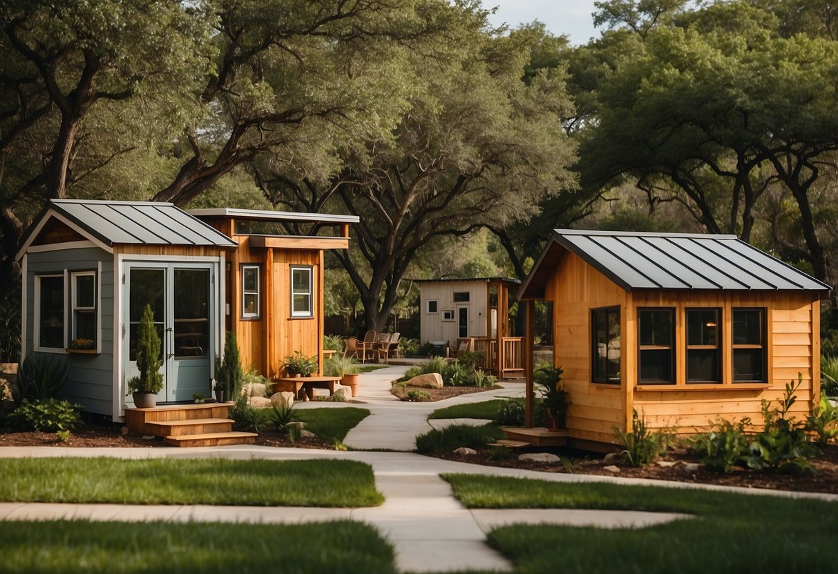 Tiny homes nestled in a vibrant San Antonio community, surrounded by lush greenery and communal spaces. Residents enjoy a sense of closeness and connection, with easy access to nature and a simpler, more sustainable way of living