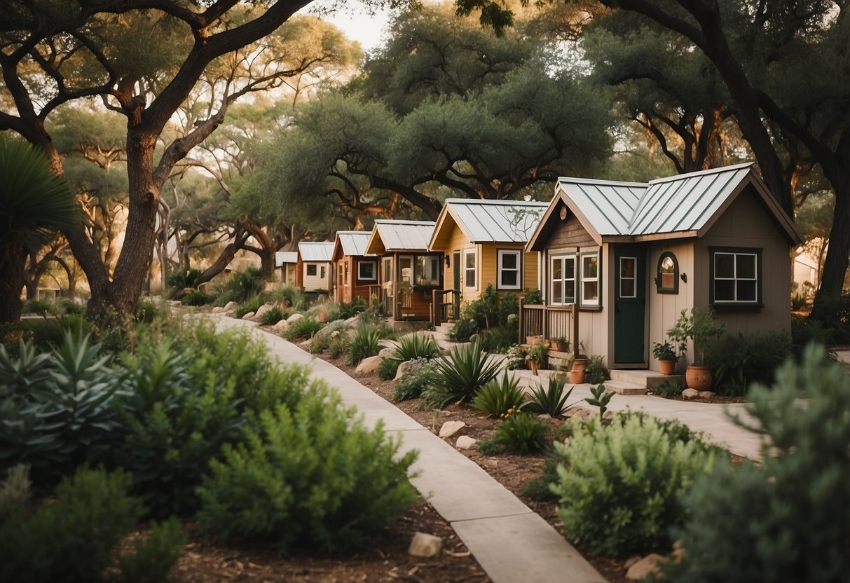 A cluster of tiny homes nestled among lush greenery in a serene San Antonio community