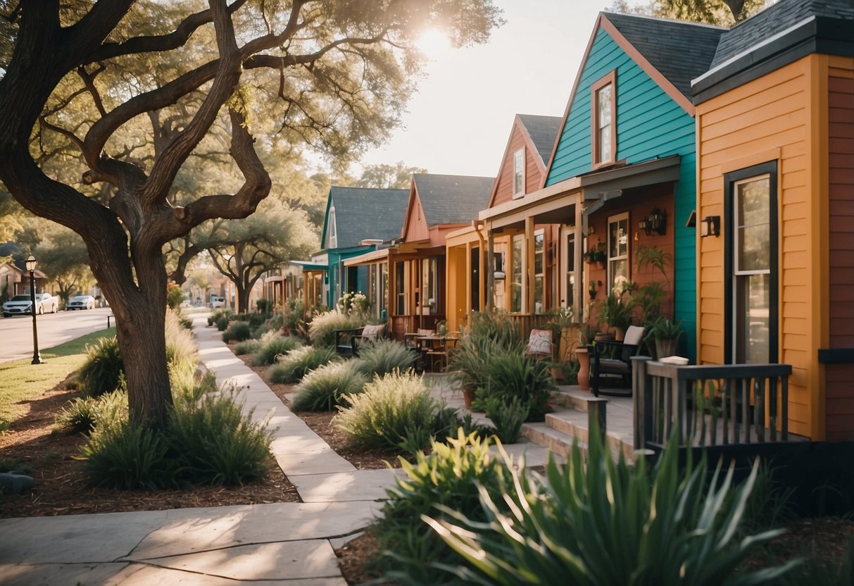 A bustling tiny home community in San Antonio, Texas, with colorful houses, communal gardens, and residents chatting in the sunshine