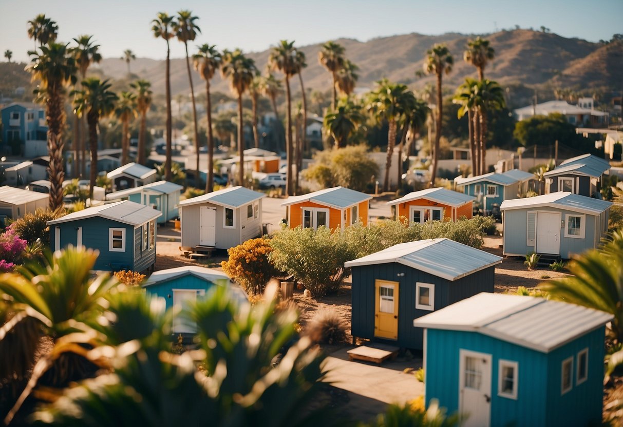 A cluster of colorful tiny homes nestled among palm trees in a sunny San Diego community