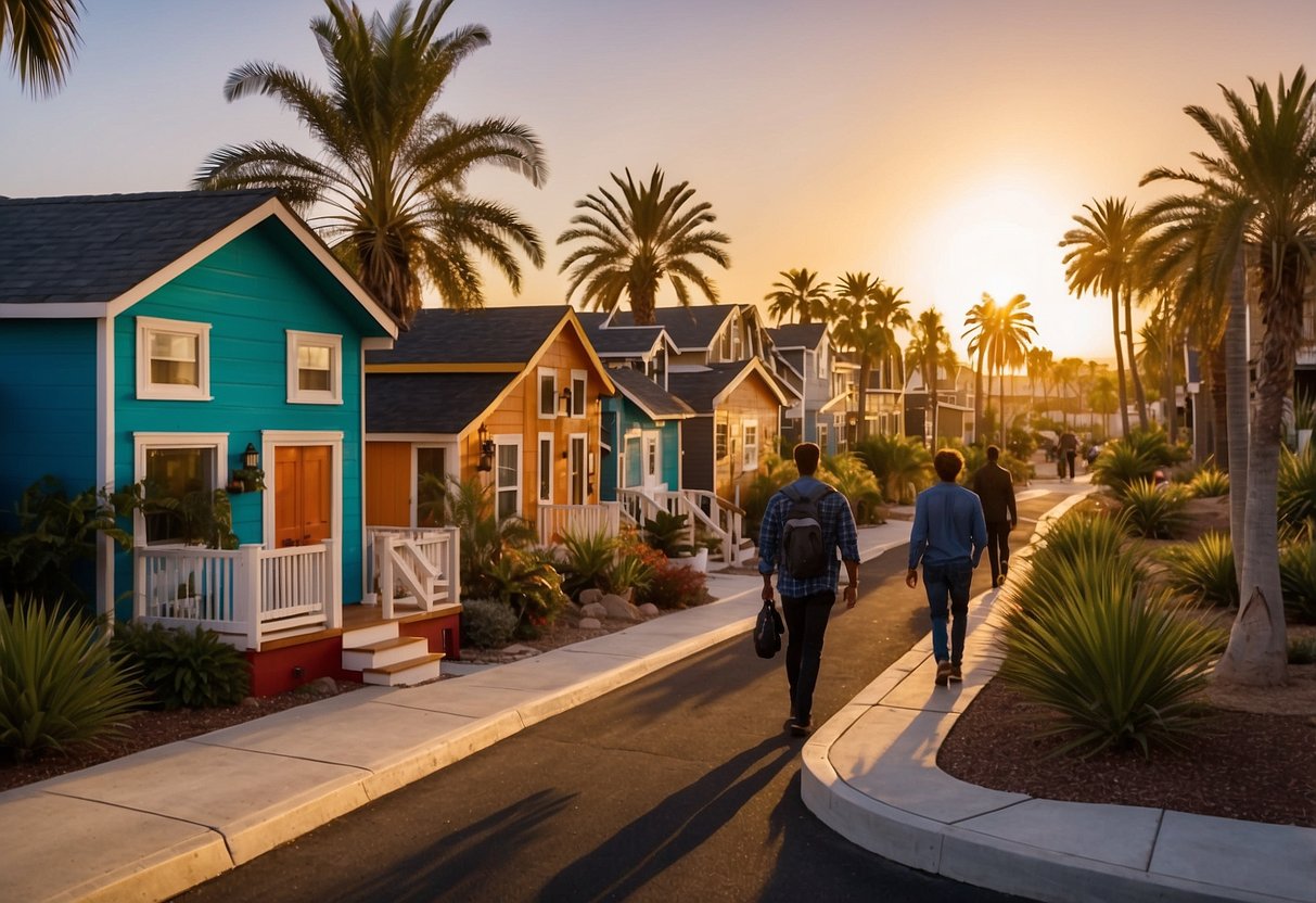People walk among colorful tiny homes in a San Diego community. Palm trees sway in the background as the sun sets over the small, vibrant houses
