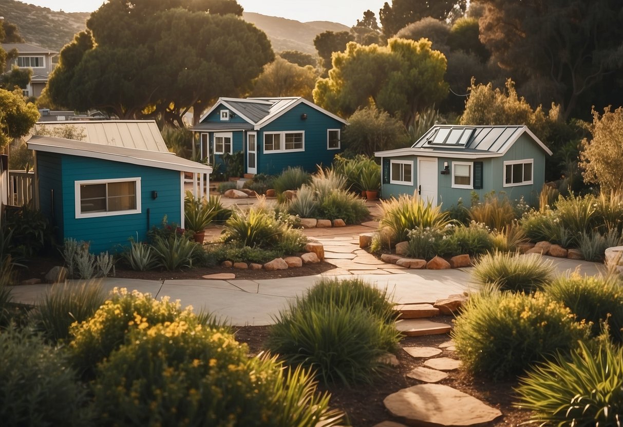 Tiny homes clustered in San Diego, surrounded by greenery and communal spaces. Residents chat and garden, creating a vibrant community atmosphere