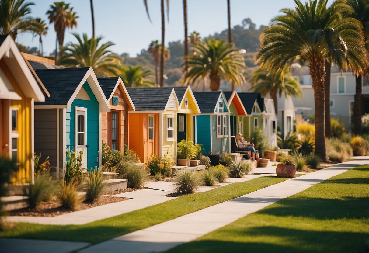 A cluster of colorful tiny homes nestled among palm trees in a sunny San Diego community, with residents chatting and walking their dogs