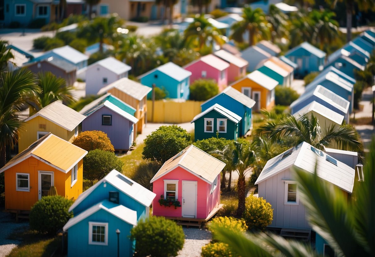A cluster of colorful tiny homes nestled among palm trees in a sunny Sarasota, Florida community