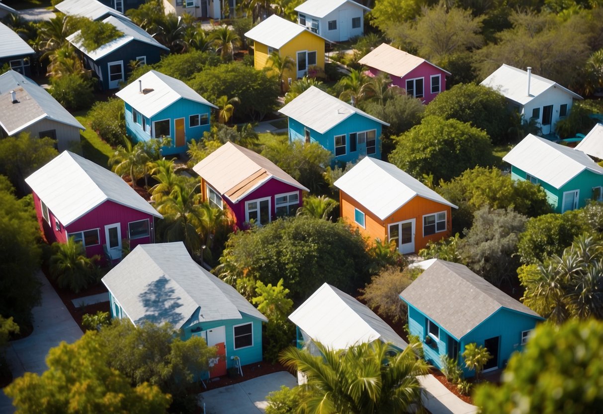 Aerial view of colorful tiny homes nestled among lush greenery in Sarasota, Florida. Community center, gardens, and winding pathways create a cozy and inviting atmosphere