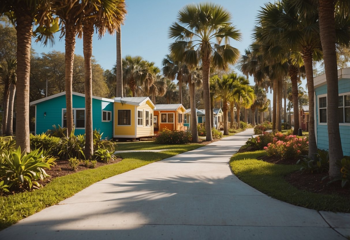 A sunny day in Sarasota, Florida. Colorful tiny homes dot the landscape, surrounded by lush greenery and palm trees. Residents gather at the community center, enjoying outdoor activities and socializing