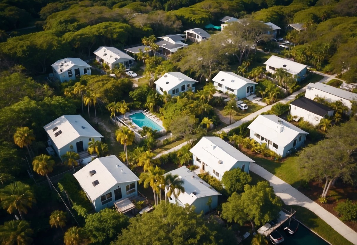 Aerial view of tiny homes nestled among lush greenery in Sarasota, Florida. Community center and outdoor gathering spaces visible