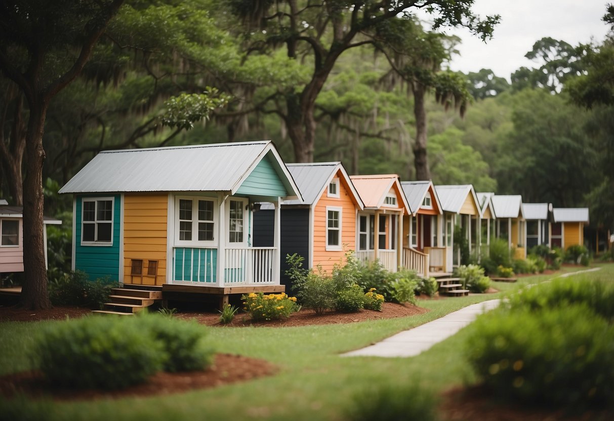 A cluster of colorful tiny homes nestled among lush green trees in a peaceful Savannah, Georgia community