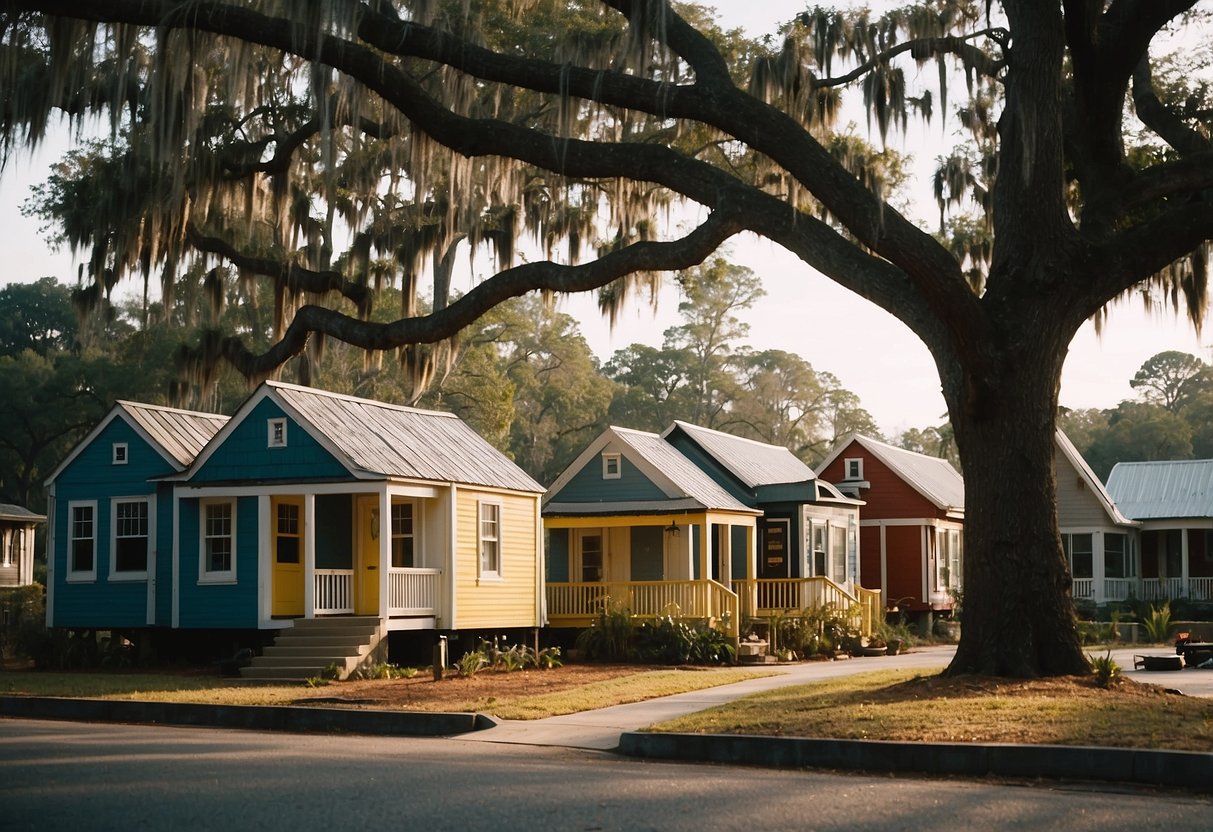 A bustling tiny home community in Savannah, Georgia, with charming amenities and a vibrant lifestyle