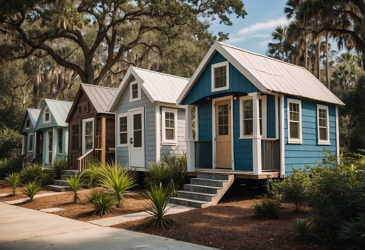 A cluster of tiny homes nestled amongst lush greenery in a quaint Savannah, Georgia community. Clear blue skies and a sense of tranquility permeate the scene