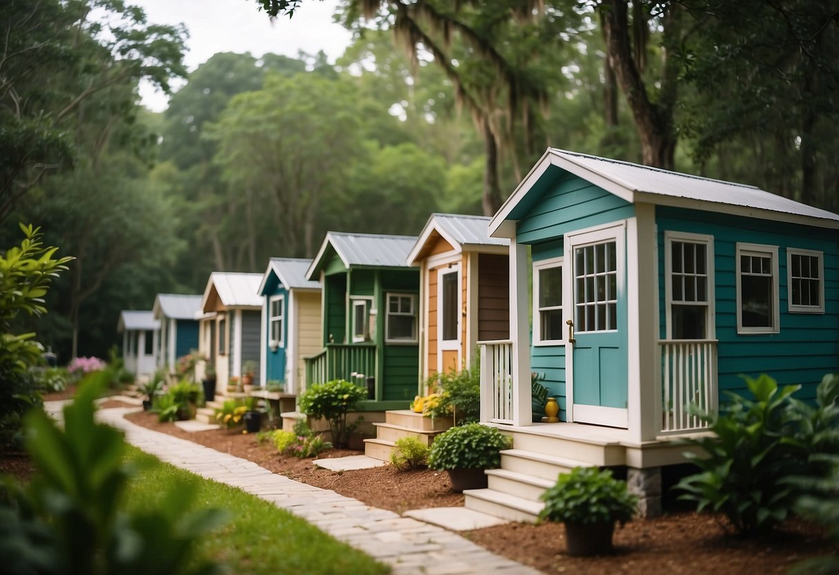 A cluster of colorful tiny homes nestled among lush green trees in a serene South Carolina community