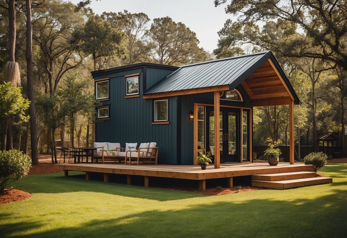 Tiny homes in SC feature sleek, modern designs with eco-friendly features. The communities are nestled in lush green landscapes, with communal gardens and outdoor seating areas