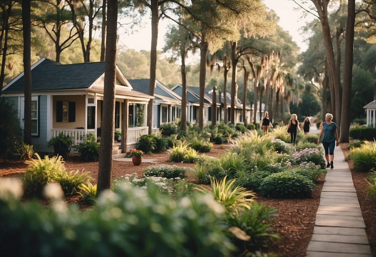 A bustling tiny home community in SC, with residents chatting, gardening, and walking their pets along the tree-lined pathways