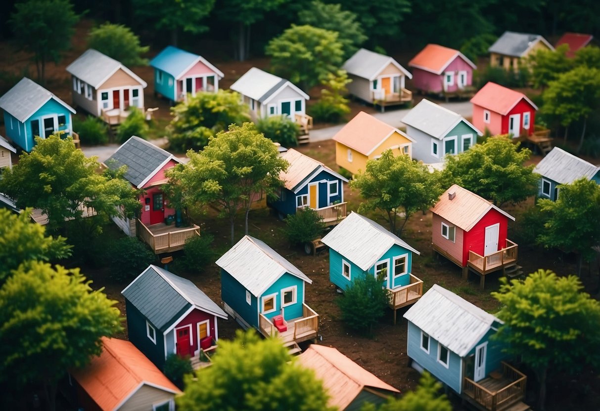 A cluster of colorful tiny homes nestled among lush green trees in a vibrant South Carolina community