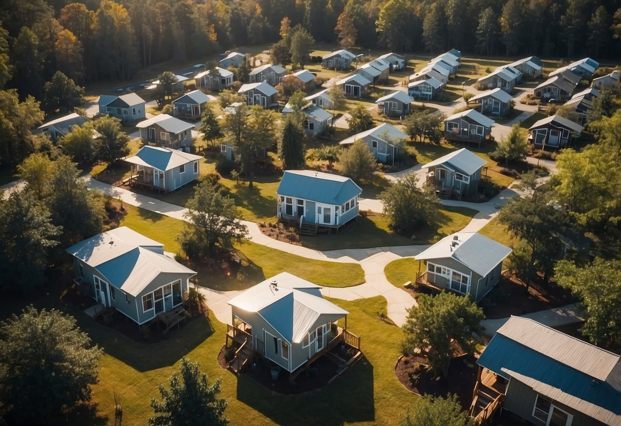 Aerial view of clustered tiny homes in South Carolina community