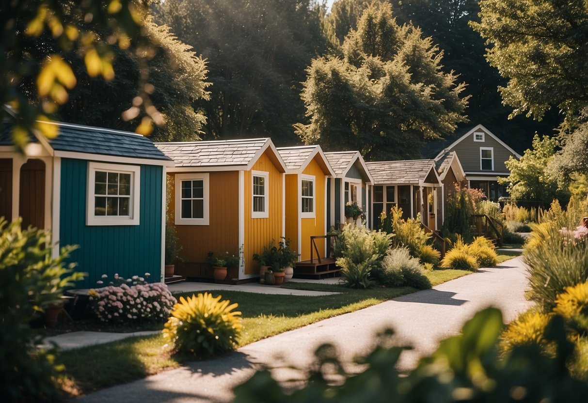 A sunny day in Amenities and Lifestyle tiny home community, with colorful houses, lush greenery, and residents enjoying outdoor activities