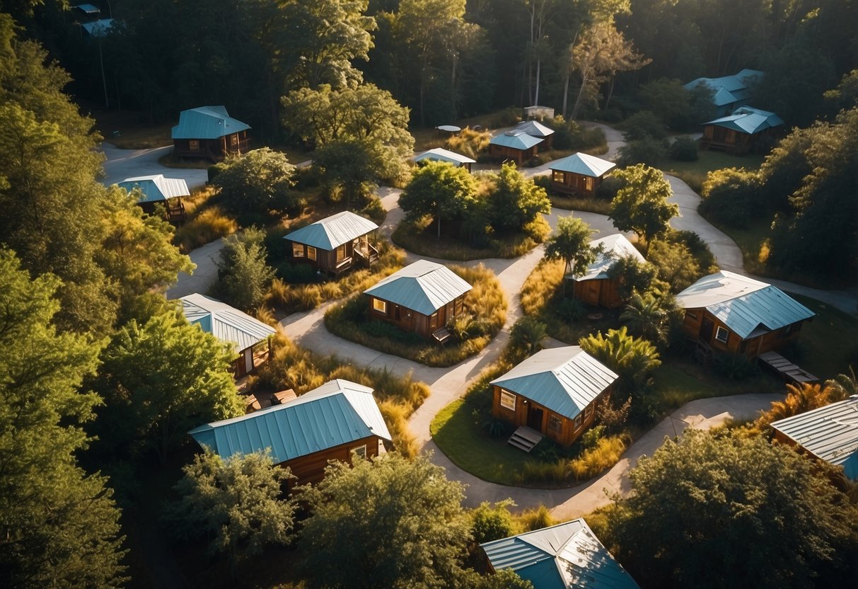 Aerial view of a cluster of tiny homes in a lush South Carolina community, with communal spaces and winding pathways