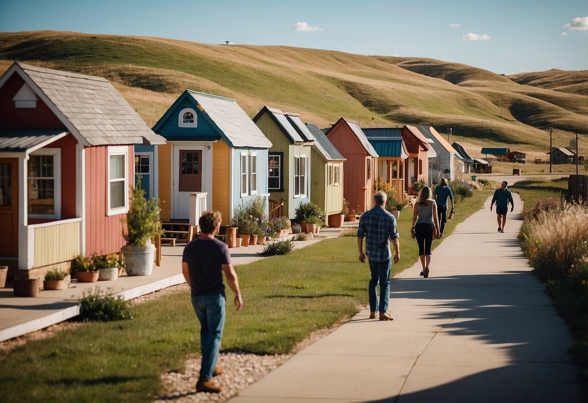 People walking through a quaint tiny home community in South Dakota, surrounded by rolling hills and clear blue skies. Tiny houses with colorful exteriors line the streets, creating a cozy and inviting atmosphere