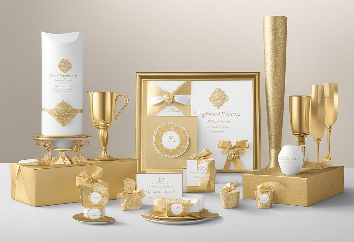 A table displays a variety of elegant, personalized gifts. A plaque reads "25th Anniversary Corporate Gifts" in gold lettering