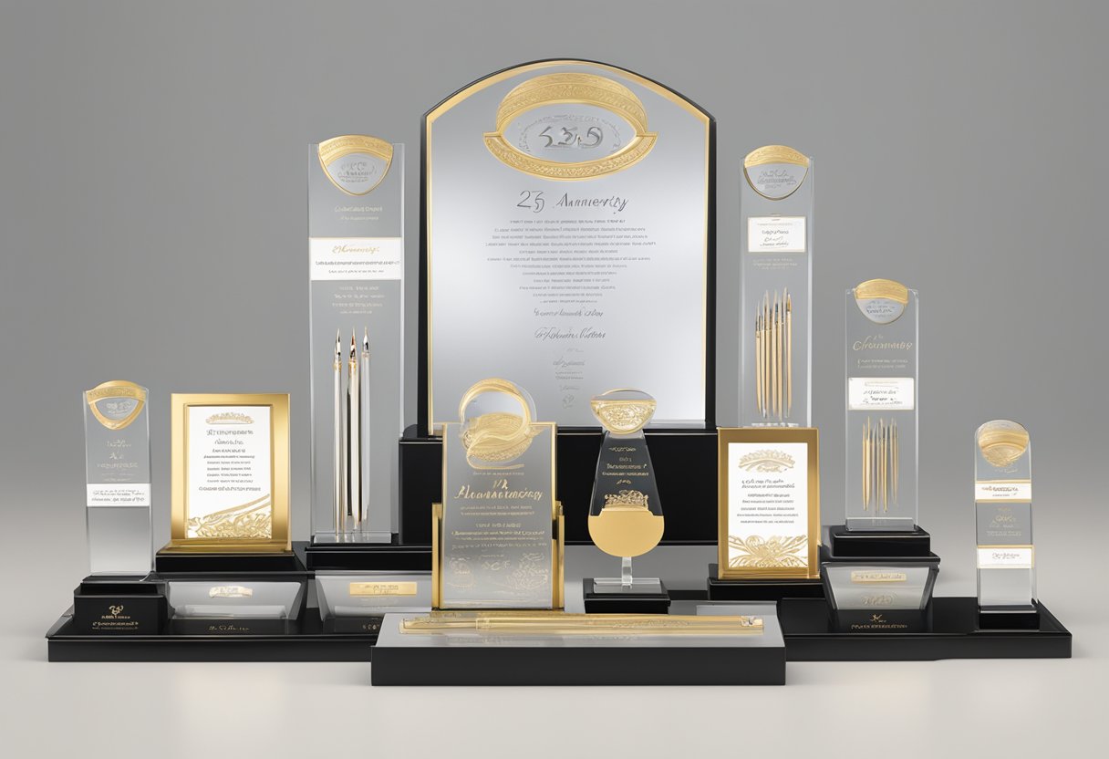 A table displays a variety of elegant corporate gifts, including engraved plaques, crystal awards, and custom-designed pens. A banner reads "25th Anniversary Corporate Gifts" above the display