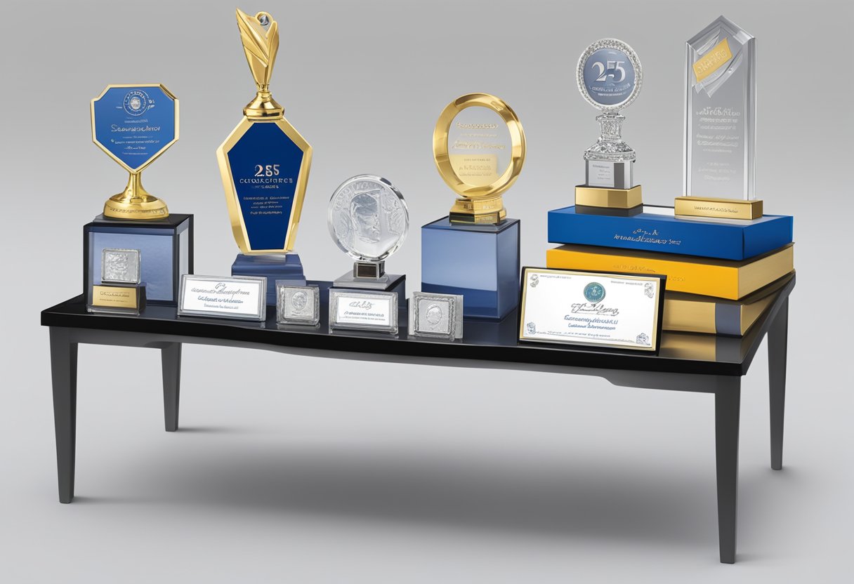 A table displaying various 25th anniversary corporate gifts, including custom-engraved plaques, elegant crystal awards, and branded executive pens