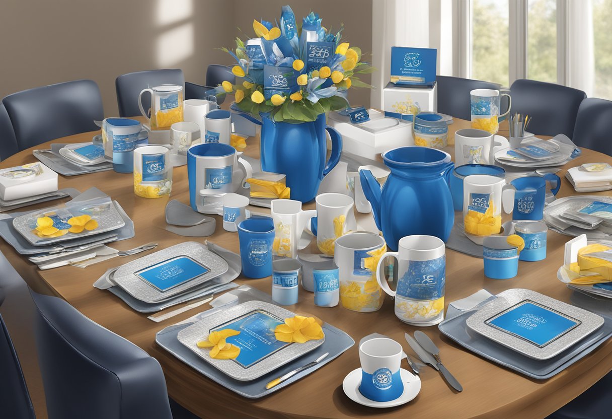 A table adorned with various 25th anniversary corporate gifts, including branded mugs, pens, and plaques, displayed in an organized and attractive manner