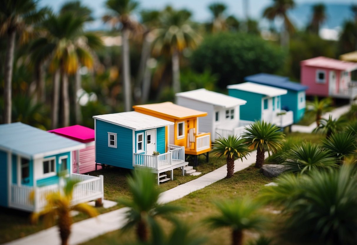 A cluster of colorful tiny homes nestled among palm trees in a lush South Florida landscape