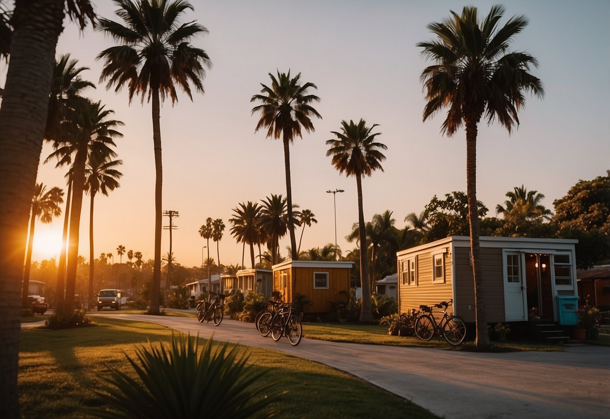 Sunset over palm trees, colorful tiny homes nestled in lush greenery, residents chatting outside, bicycles parked nearby, a sense of community and tranquility