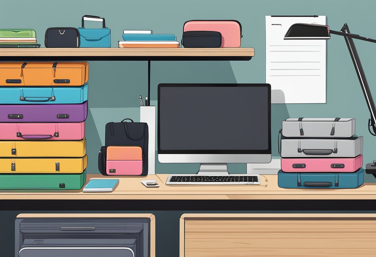 A sleek, modern desk with a row of custom laptop bags in various colors and materials neatly displayed