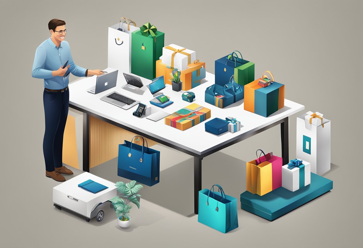A table displaying various corporate gifts, including branded merchandise and luxury items, with a company representative accepting them with a smile