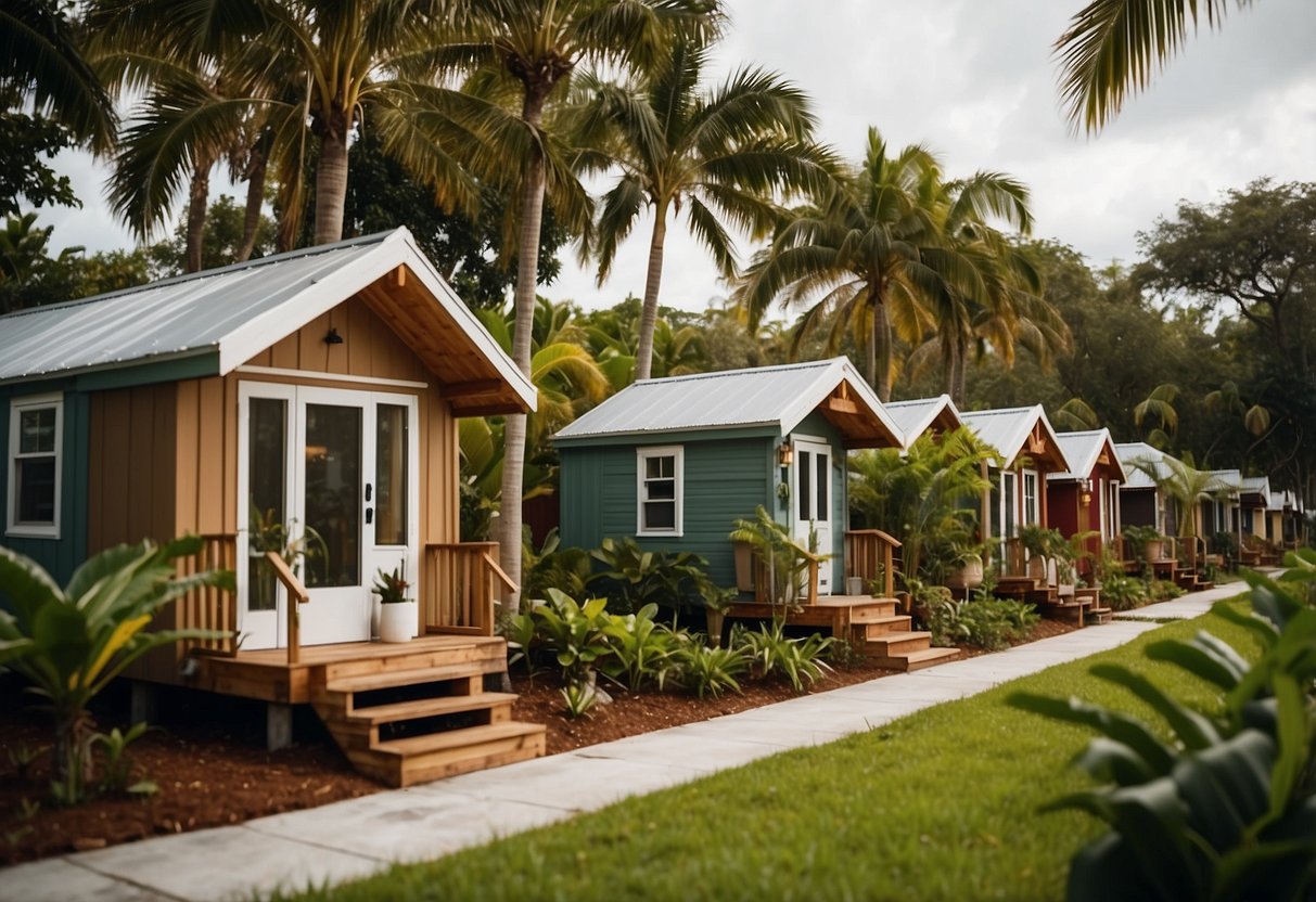 A group of tiny homes nestled among lush greenery in a South Florida community, with communal spaces and pathways connecting the homes