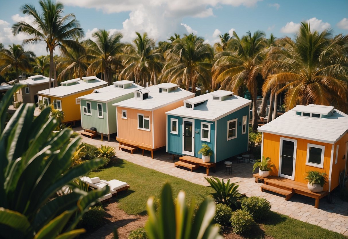 A cluster of colorful tiny homes nestled among palm trees in a sunny South Florida community, with residents chatting and enjoying the outdoor amenities