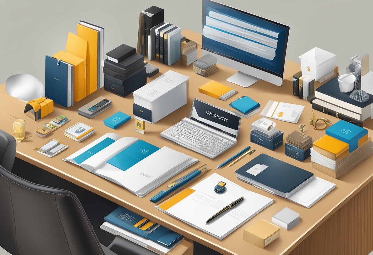 A desk with a neatly organized array of corporate gifts, including branded items and luxury goods, with a sign displaying "Guidelines for Accepting Corporate Gifts."