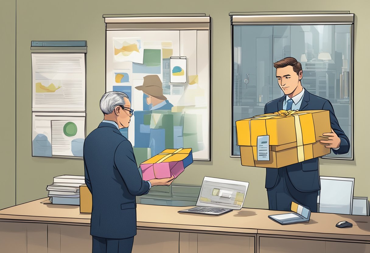 A businessperson politely declining a gift from a vendor, while a company policy poster hangs prominently in the background