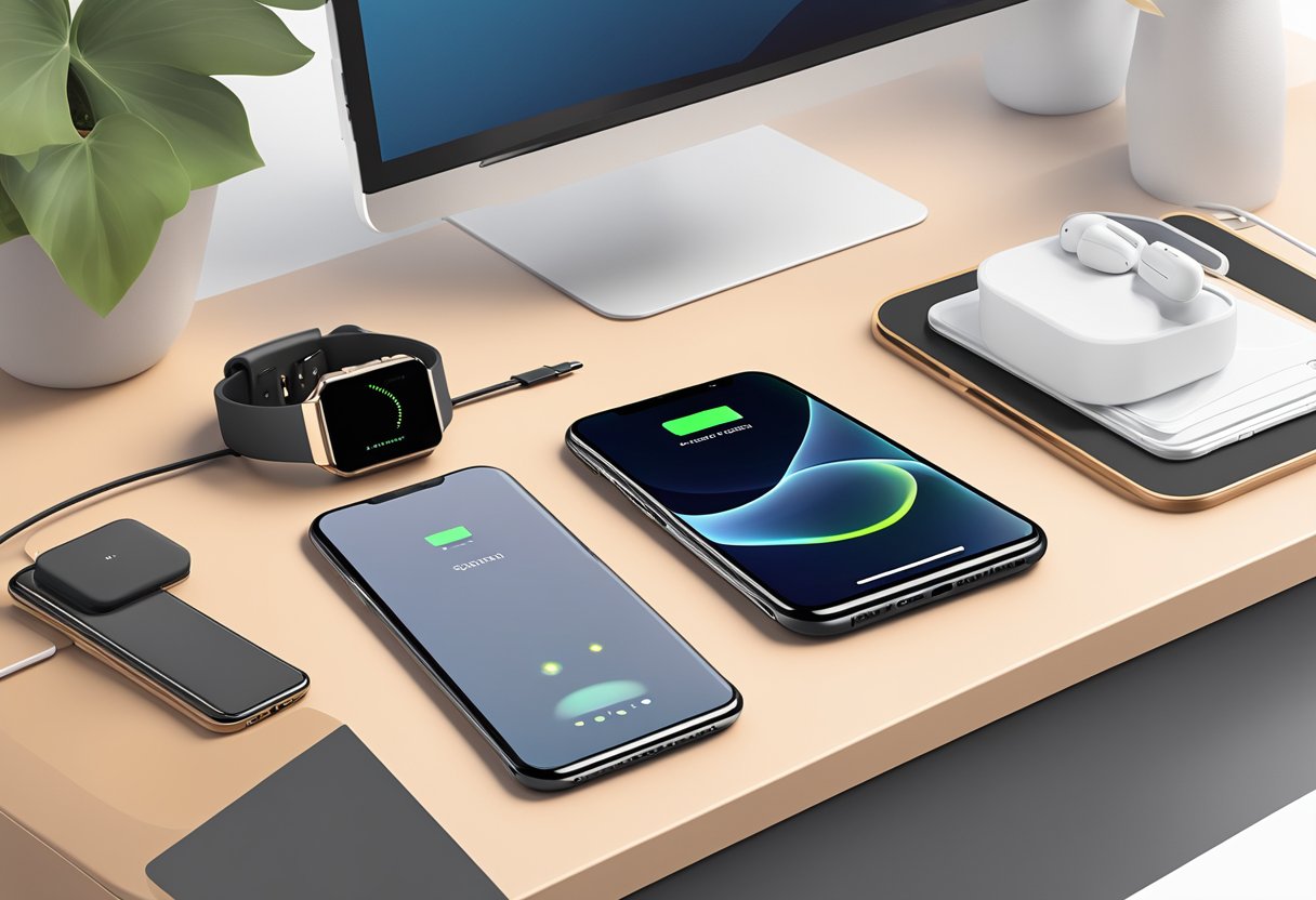 A sleek 3in1 wireless charger sits on a clean, modern desk with a smartphone, smartwatch, and earbuds placed neatly on its charging pads