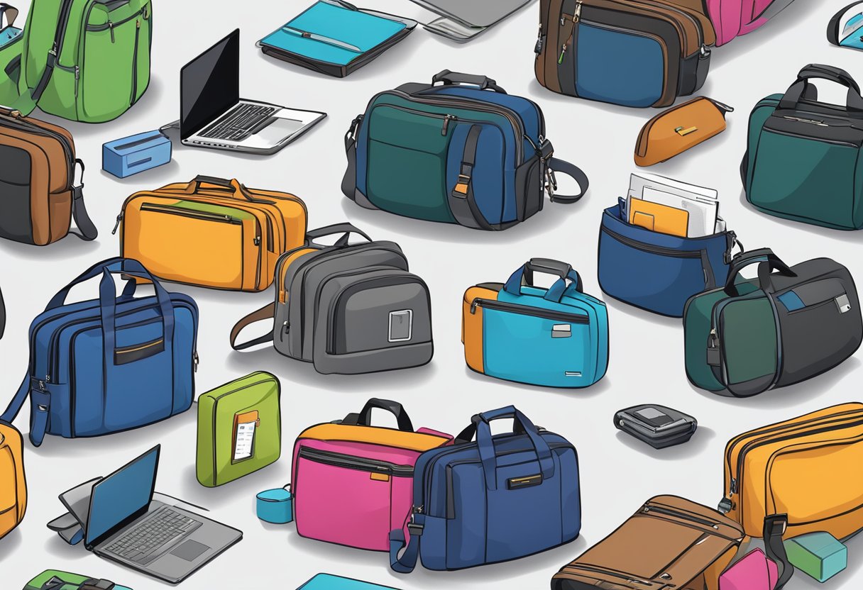 A stack of custom laptop bags with "Frequently Asked Questions" printed on the front, surrounded by various electronic accessories