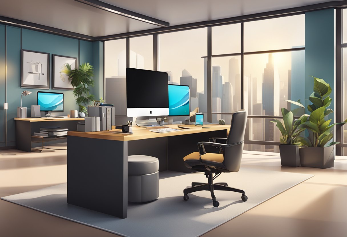 A corporate setting with a desk adorned with various gift options such as branded items, tech gadgets, and luxury goods