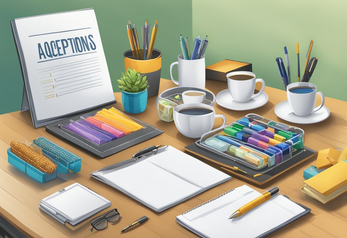 A table with a variety of corporate gifts, such as branded pens, mugs, and gift baskets, displayed with a sign reading "Frequently Asked Questions accepting corporate gifts."