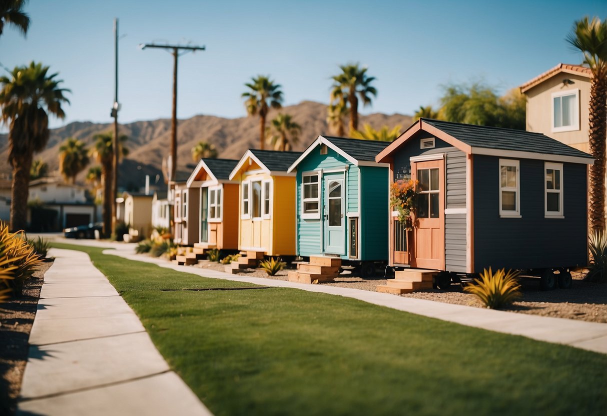 A cluster of colorful tiny homes nestled among palm trees in a sunny Southern California community